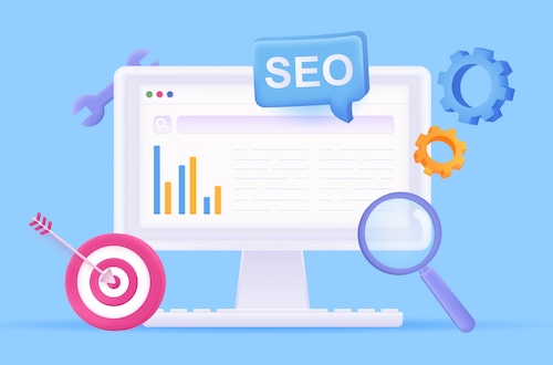 Seo optimization concept 3D illustration. Icon composition with search line and keywords on computer screen, magnifier, aiming target, settings and gears. Vector illustration for modern web design